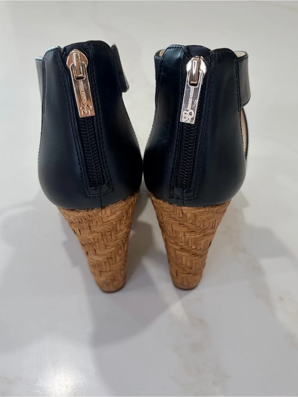 Jessica Simpson Black Crisscross Wedge Sandals with Woven Tan Platform